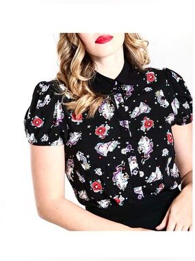 Hell Bunny black whimsical unicorn print blouse